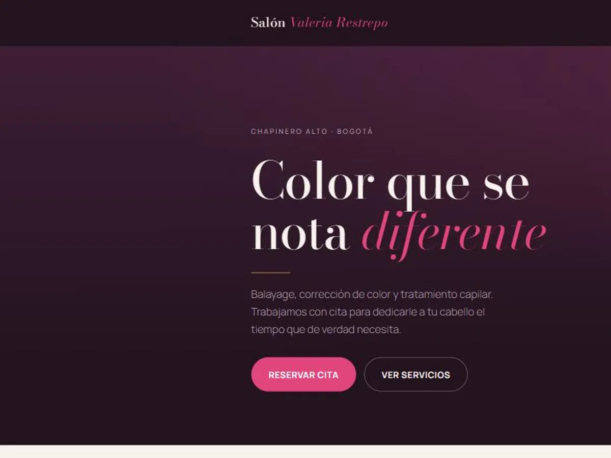 Página web de Salón Valeria Restrepo, Salón de belleza. Demostración construida por Extrategical.