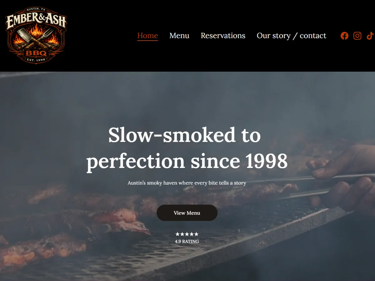 Página web de Ember & Ash BBQ, Restaurante. Demostración construida por Extrategical.