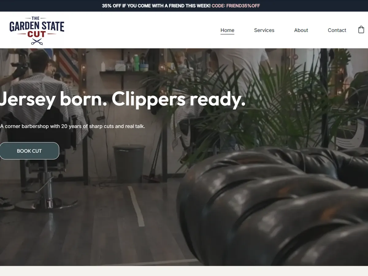 Página web de The Garden State Cut, Barbería. Demostración construida por Extrategical.